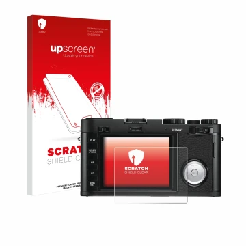 Vorderseite einer Produktverpackung mit dem Markenlogo upscreen. Daneben ist das Gerät Leica X Vario mit dem zugehörigen Displ