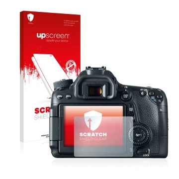 Vorderseite einer Produktverpackung mit dem Markenlogo upscreen. Daneben ist das Gerät Canon EOS 70D mit dem zugehörigen Displ