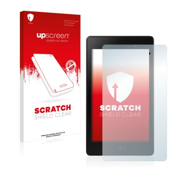 Vorderseite einer Produktverpackung mit dem Markenlogo upscreen. Daneben ist das Gerät ASUS Nexus 7 Tablet 2 2013 mit dem zuge