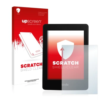 Vorderseite einer Produktverpackung mit dem Markenlogo upscreen. Daneben ist das Gerät Amazon Kindle Paperwhite 2013 mit dem z