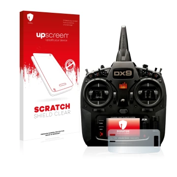 Vorderseite einer Produktverpackung mit dem Markenlogo upscreen. Daneben ist das Gerät Spektrum DX9 mit dem zugehörigen Displa