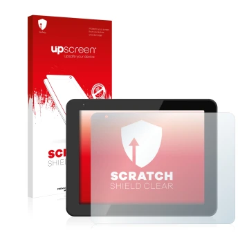 Vorderseite einer Produktverpackung mit dem Markenlogo upscreen. Daneben ist das Gerät BQ Curie 2 mit dem zugehörigen Displays