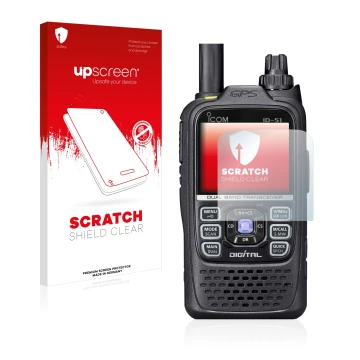 Vorderseite einer Produktverpackung mit dem Markenlogo upscreen. Daneben ist das Gerät Icom ID-51 mit dem zugehörigen Displays