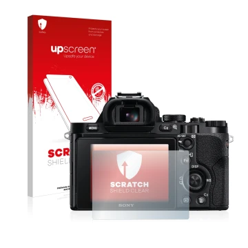 Vorderseite einer Produktverpackung mit dem Markenlogo upscreen. Daneben ist das Gerät Sony Alpha 7 (ILCE-7) mit dem zugehörig