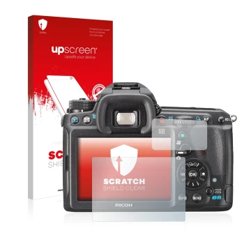 Vorderseite einer Produktverpackung mit dem Markenlogo upscreen. Daneben ist das Gerät Pentax K3, K-3 mit dem zugehörigen Disp