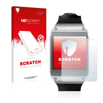 Vorderseite einer Produktverpackung mit dem Markenlogo upscreen. Daneben ist das Gerät Samsung Galaxy Gear V700 mit dem zugehö