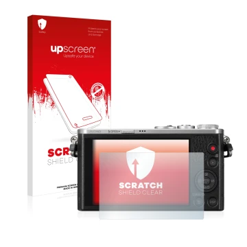 Vorderseite einer Produktverpackung mit dem Markenlogo upscreen. Daneben ist das Gerät Panasonic Lumix DMC-GM1 mit dem zugehör