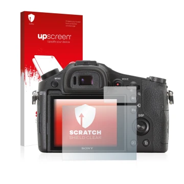Vorderseite einer Produktverpackung mit dem Markenlogo upscreen. Daneben ist das Gerät Sony Cyber-Shot DSC-RX10 mit dem zugehö