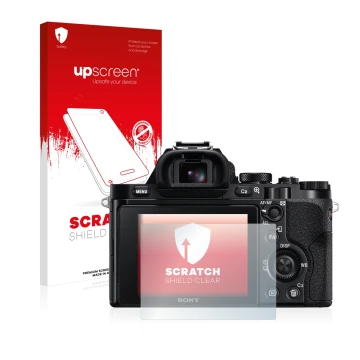 Vorderseite einer Produktverpackung mit dem Markenlogo upscreen. Daneben ist das Gerät Sony Alpha 7R (ILCE-7R) mit dem zugehör