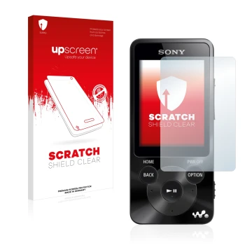 Vorderseite einer Produktverpackung mit dem Markenlogo upscreen. Daneben ist das Gerät Sony Walkman NWZ-E585 mit dem zugehörig