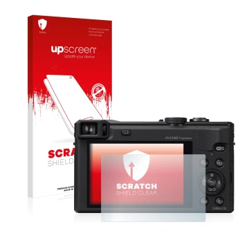 Vorderseite einer Produktverpackung mit dem Markenlogo upscreen. Daneben ist das Gerät Panasonic Lumix DMC-TZ61 mit dem zugehö