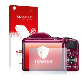 Vorderseite einer Produktverpackung mit dem Markenlogo upscreen. Daneben ist das Gerät Nikon Coolpix L830 mit dem zugehörigen 