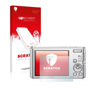 Vorderseite einer Produktverpackung mit dem Markenlogo upscreen. Daneben ist das Gerät Sony Cyber-Shot DSC-W830 mit dem zugehö