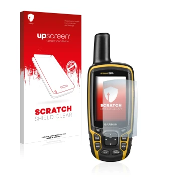 Vorderseite einer Produktverpackung mit dem Markenlogo upscreen. Daneben ist das Gerät Garmin GPSMAP 64 mit dem zugehörigen Di