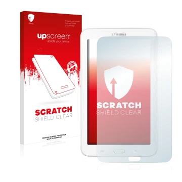 Vorderseite einer Produktverpackung mit dem Markenlogo upscreen. Daneben ist das Gerät Samsung Galaxy Tab 3 7.0 Lite mit dem z