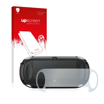 Vorderseite einer Produktverpackung mit dem Markenlogo upscreen. Daneben ist das Gerät Sony Playstation PCH-1000-Serie PS Vita