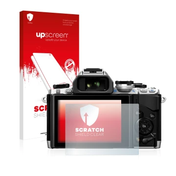 Vorderseite einer Produktverpackung mit dem Markenlogo upscreen. Daneben ist das Gerät Olympus OM-D E-M10 mit dem zugehörigen 