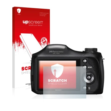 Vorderseite einer Produktverpackung mit dem Markenlogo upscreen. Daneben ist das Gerät Sony Cyber-Shot DSC-H300 mit dem zugehö