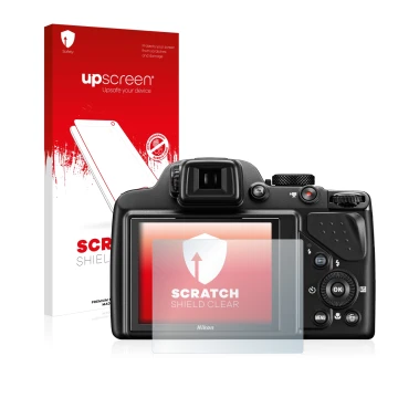 Vorderseite einer Produktverpackung mit dem Markenlogo upscreen. Daneben ist das Gerät Nikon Coolpix P530 mit dem zugehörigen 