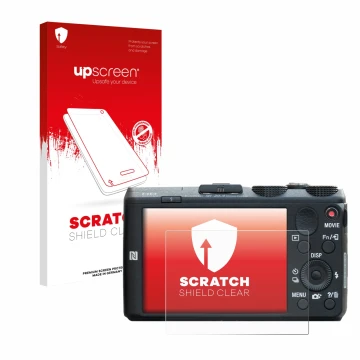 Vorderseite einer Produktverpackung mit dem Markenlogo upscreen. Daneben ist das Gerät Sony Cyber-Shot DSC-HX60 mit dem zugehö