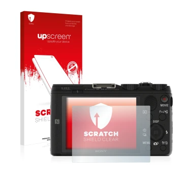 Vorderseite einer Produktverpackung mit dem Markenlogo upscreen. Daneben ist das Gerät Sony Cyber-Shot DSC-HX60V mit dem zugeh