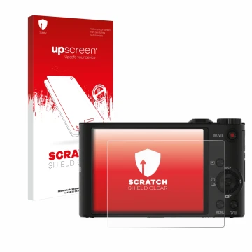 Vorderseite einer Produktverpackung mit dem Markenlogo upscreen. Daneben ist das Gerät Sony Cyber-Shot DSC-WX350 mit dem zugeh