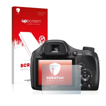 Vorderseite einer Produktverpackung mit dem Markenlogo upscreen. Daneben ist das Gerät Sony Cyber-Shot DSC-H400 mit dem zugehö