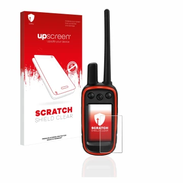 Vorderseite einer Produktverpackung mit dem Markenlogo upscreen. Daneben ist das Gerät Garmin Alpha 100 mit dem zugehörigen Di