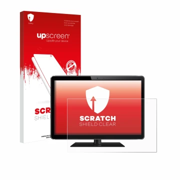Vorderseite einer Produktverpackung mit dem Markenlogo upscreen. Daneben ist das Gerät mit dem zugehörigen Displayschutz abgeb