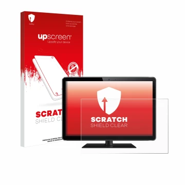 Vorderseite einer Produktverpackung mit dem Markenlogo upscreen. Daneben ist das Gerät mit dem zugehörigen Displayschutz abgeb