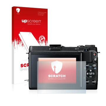 Vorderseite einer Produktverpackung mit dem Markenlogo upscreen. Daneben ist das Gerät Canon PowerShot G1 X Mark II mit dem zu