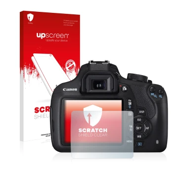 Vorderseite einer Produktverpackung mit dem Markenlogo upscreen. Daneben ist das Gerät Canon EOS 1200D mit dem zugehörigen Dis
