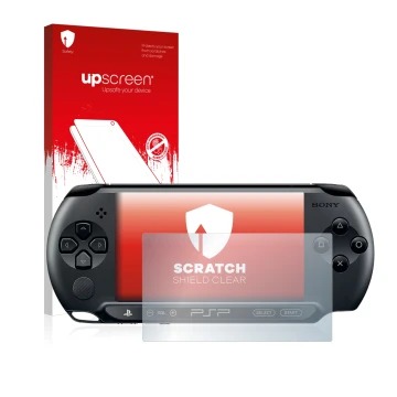 Vorderseite einer Produktverpackung mit dem Markenlogo upscreen. Daneben ist das Gerät Sony PSP 2000 mit dem zugehörigen Displ
