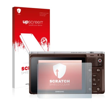 Vorderseite einer Produktverpackung mit dem Markenlogo upscreen. Daneben ist das Gerät Samsung NX Mini mit dem zugehörigen Dis