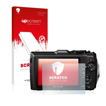 Vorderseite einer Produktverpackung mit dem Markenlogo upscreen. Daneben ist das Gerät Olympus Stylus Tough TG-3 mit dem zugeh
