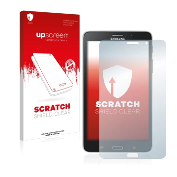 Vorderseite einer Produktverpackung mit dem Markenlogo upscreen. Daneben ist das Gerät Samsung Galaxy Tab Tab 4 7.0 LTE mit de
