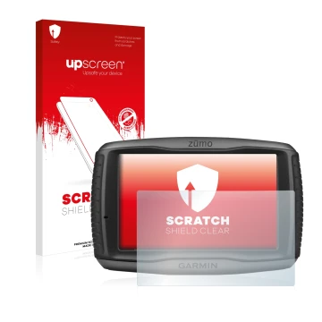 Vorderseite einer Produktverpackung mit dem Markenlogo upscreen. Daneben ist das Gerät Garmin zumo 590LM mit dem zugehörigen D