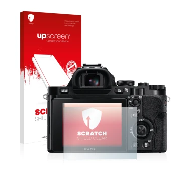 Vorderseite einer Produktverpackung mit dem Markenlogo upscreen. Daneben ist das Gerät Sony Alpha 7S mit dem zugehörigen Displ