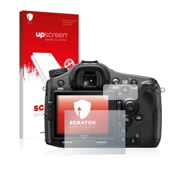 Vorderseite einer Produktverpackung mit dem Markenlogo upscreen. Daneben ist das Gerät Sony Alpha 77 II (SLT-A77 II) mit dem z