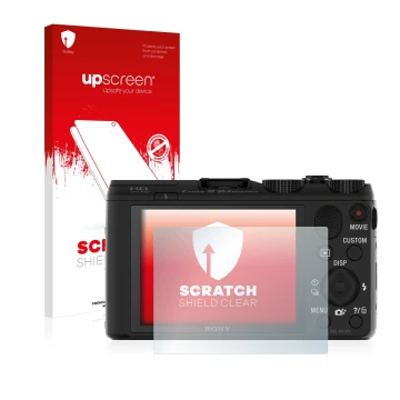 Vorderseite einer Produktverpackung mit dem Markenlogo upscreen. Daneben ist das Gerät Sony Cyber-Shot DSC-HX50 mit dem zugehö