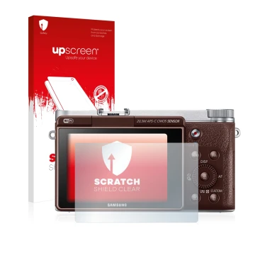 Vorderseite einer Produktverpackung mit dem Markenlogo upscreen. Daneben ist das Gerät Samsung NX3000 mit dem zugehörigen Disp