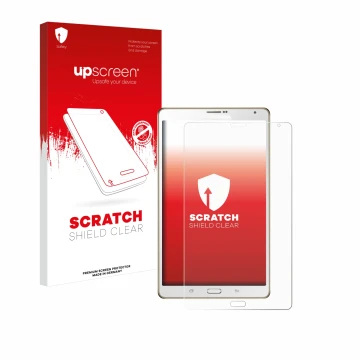 Vorderseite einer Produktverpackung mit dem Markenlogo upscreen. Daneben ist das Gerät Samsung Galaxy Tab S 8.4 SM-T705 mit de