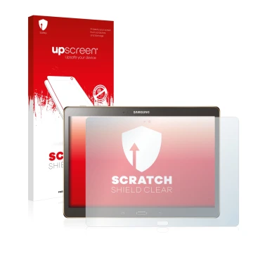 Vorderseite einer Produktverpackung mit dem Markenlogo upscreen. Daneben ist das Gerät Samsung Galaxy Tab S 10.5 SM-T800 mit d