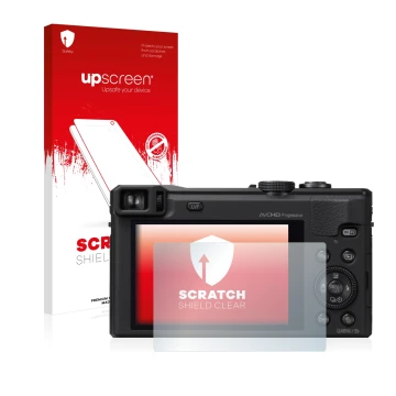 Vorderseite einer Produktverpackung mit dem Markenlogo upscreen. Daneben ist das Gerät Panasonic Lumix DMC-TZ60 mit dem zugehö