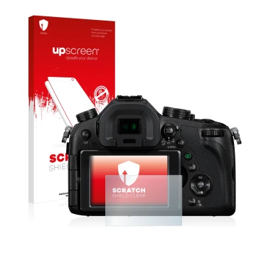 Vorderseite einer Produktverpackung mit dem Markenlogo upscreen. Daneben ist das Gerät Panasonic Lumix DMC-FZ1000 mit dem zuge