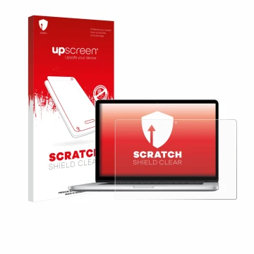 Vorderseite einer Produktverpackung mit dem Markenlogo upscreen. Daneben ist das Gerät Apple MacBook Pro Retina 15