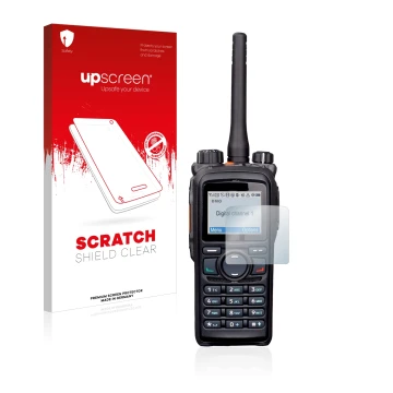 Vorderseite einer Produktverpackung mit dem Markenlogo upscreen. Daneben ist das Gerät Hytera PD785 mit dem zugehörigen Displa