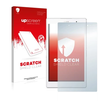 Vorderseite einer Produktverpackung mit dem Markenlogo upscreen. Daneben ist das Gerät Sony Xperia Z3 Tablet Compact SGP621 mi