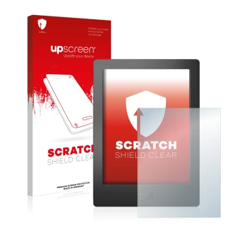 Vorderseite einer Produktverpackung mit dem Markenlogo upscreen. Daneben ist das Gerät Kobo Aura H2O mit dem zugehörigen Displ