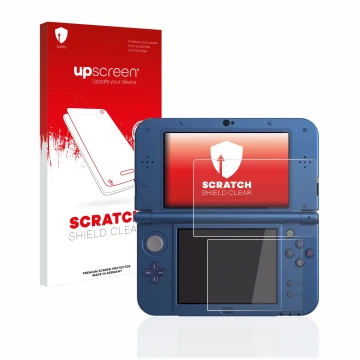 Vorderseite einer Produktverpackung mit dem Markenlogo upscreen. Daneben ist das Gerät Nintendo New 3DS XL mit dem zugehörigen